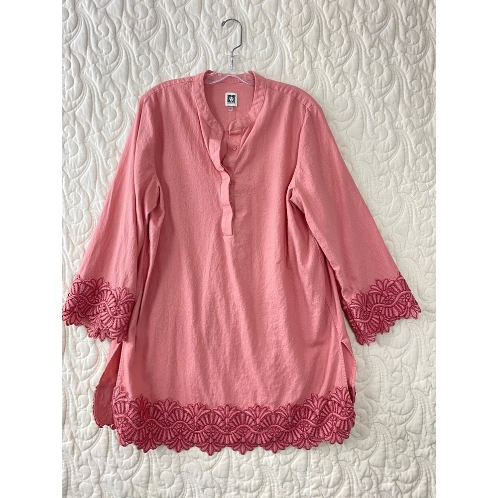 Anne Klein Tunic Top Pink Womens XL Linen Blend Eyelet Lace Trim 3/4 Sleeve